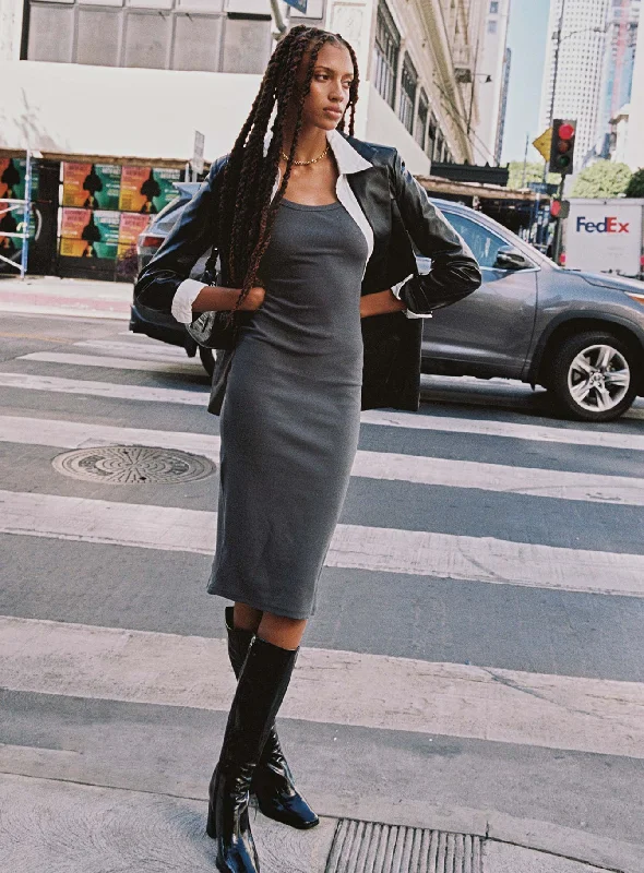 Midi dresses with side slits for a sexy and elegant appearance Camellia Midi Dress Slate Grey Midi dresses with side slits for a sexy and elegant appearance Camellia Midi Dress Slate Grey