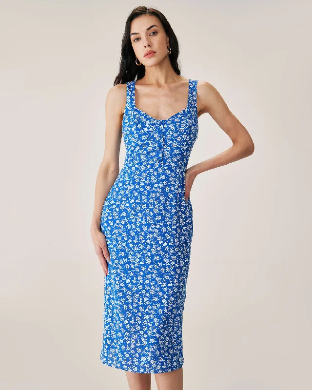 Midi dresses with cold - shoulder cutouts for a trendy style Blue Floral Slit Slip Midi Dress Midi dresses with cold - shoulder cutouts for a trendy style Blue Floral Slit Slip Midi Dress
