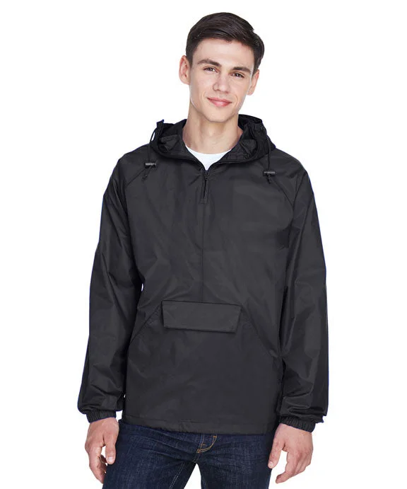 8925 - UltraClub Adult Quarter-Zip Hooded Pullover Pack-Away Jacket | Black