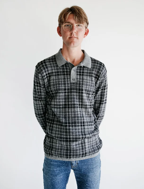 LS Merino Polo Charcoal Plaid