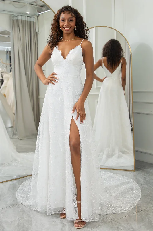 One - shoulder wedding guest dresses with beaded detailsIvory A-Line Sweep Train Lace Wedding Dress with Slit One - shoulder wedding guest dresses with beaded detailsIvory A-Line Sweep Train Lace Wedding Dress with Slit