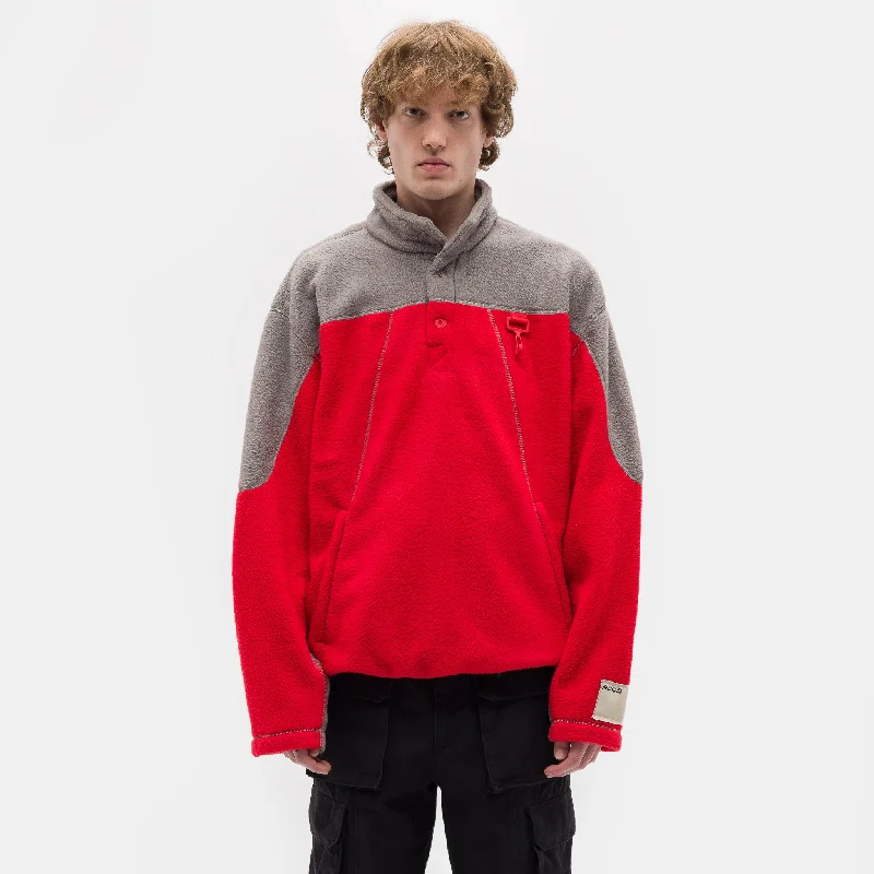 Sherpa Fleece Collared Pullover in Red/Grey