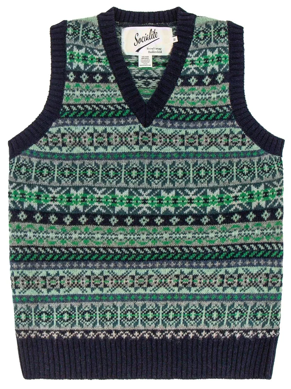 Vintage Style Shetland Wool Fair Isle Vest in Navy Blue